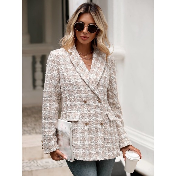 Plaid Lapel Collar Double Breasted Overcoat blazer pea coat cream - Picture 5 of 6